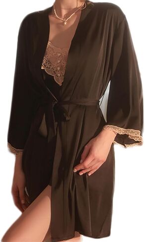 Women Lingerie Satin Lace Chemise Babydoll Sexy Sling Nightgown with Outer Robe in Saudi Arabia