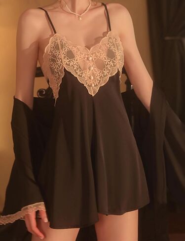 Women Lingerie Satin Lace Chemise Babydoll Sexy Sling Nightgown with Outer Robe in Saudi Arabia