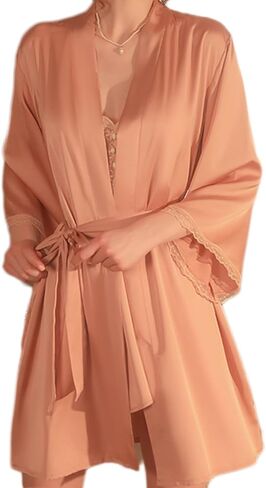 Women Lingerie Satin Lace Chemise Babydoll Sexy Sling Nightgown with Outer Robe in Saudi Arabia