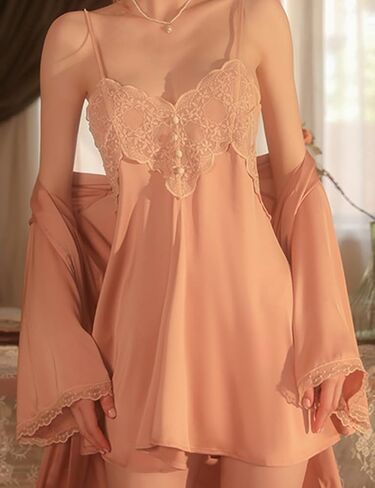 Women Lingerie Satin Lace Chemise Babydoll Sexy Sling Nightgown with Outer Robe in Saudi Arabia