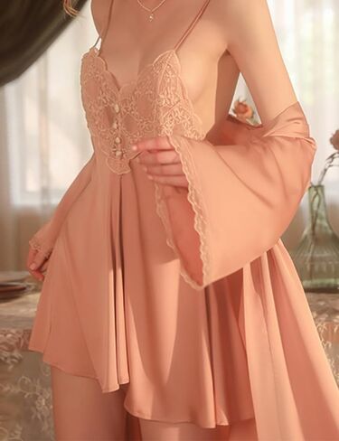 Women Lingerie Satin Lace Chemise Babydoll Sexy Sling Nightgown with Outer Robe in Saudi Arabia