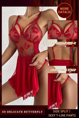 ADSEXY Women Lingerie Floral Embroidery Babydoll Lace Mesh Chemise Side Slit Sleepwear V Neck Nightgown in Saudi Arabia