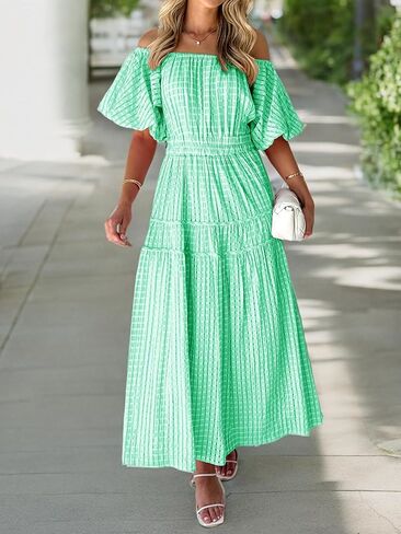 MASCOMODA Off the Shoulder Maxi Dress for Women 2024 Summer Casual Boho Puff Short Sleeve Smocked Ruffle Long Dresses in Saudi Arabia