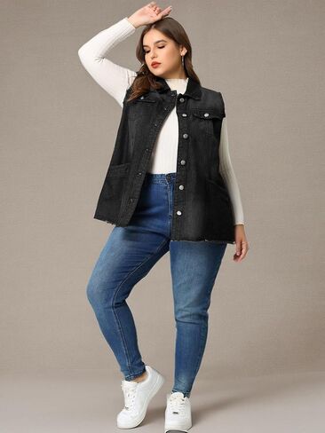 Agnes Orinda Denim Jackets for Women 2024 Plus Size Button Front Lapel Frayed Washed Sleeveless Long Jean Vest in Saudi Arabia