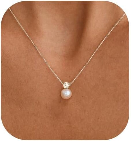 Pearl Necklaces for Women, Dainty Gold Necklace 14K Gold Plated Charm CZ Pearl Pendant Necklace Simple Gold Pearl Choker Necklaces for Women Trendy Wedding Necklace Pearl Jewelry for Women in Saudi Arabia