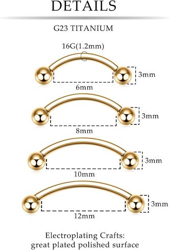 FUNLMO 3pcs Eyebrow Piercing Jewelry G23 Titanium Vertical Labret Lip Jewelry Tragus Rook Daith Helix Piercing Jewelry Small Belly Button Ring 16G Curved Barbell 6/8/10/12mm in Saudi Arabia