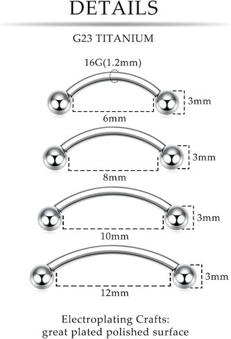 FUNLMO 3pcs Eyebrow Piercing Jewelry G23 Titanium Vertical Labret Lip Jewelry Tragus Rook Daith Helix Piercing Jewelry Small Belly Button Ring 16G Curved Barbell 6/8/10/12mm in Saudi Arabia