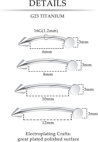 FUNLMO 3pcs Eyebrow Piercing Jewelry G23 Titanium Vertical Labret Lip Jewelry Tragus Rook Daith Helix Piercing Jewelry Small Belly Button Ring 16G Curved Barbell 6/8/10/12mm in Saudi Arabia