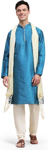 SKAVIJ Men's Jacquard Silk Kurta Pajama Set with Scarf Ethnic Motifs 3-Piece Set in Saudi Arabia