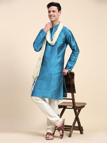 SKAVIJ Men's Jacquard Silk Kurta Pajama Set with Scarf Ethnic Motifs 3-Piece Set in Saudi Arabia