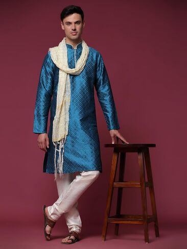 SKAVIJ Men's Jacquard Silk Kurta Pajama Set with Scarf Ethnic Motifs 3-Piece Set in Saudi Arabia