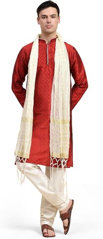 SKAVIJ Men's Jacquard Silk Kurta Pajama Set with Scarf Ethnic Motifs 3-Piece Set in Saudi Arabia