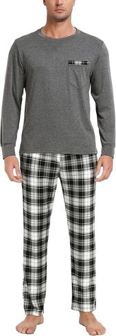 Vlazom Men's Long Sleeve Pajama Sets Pjs Sets Solid Tee and Plaid Pant Set S-XXL in Kuwait