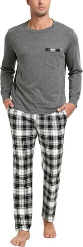 Vlazom Men's Long Sleeve Pajama Sets Pjs Sets Solid Tee and Plaid Pant Set S-XXL in Kuwait