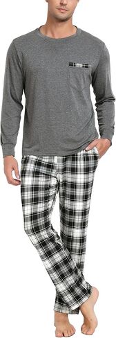Vlazom Men's Long Sleeve Pajama Sets Pjs Sets Solid Tee and Plaid Pant Set S-XXL in Kuwait