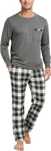 Vlazom Men's Long Sleeve Pajama Sets Pjs Sets Solid Tee and Plaid Pant Set S-XXL in Kuwait