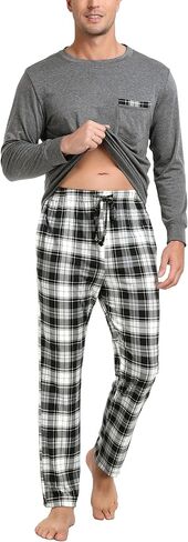 Vlazom Men's Long Sleeve Pajama Sets Pjs Sets Solid Tee and Plaid Pant Set S-XXL in Kuwait