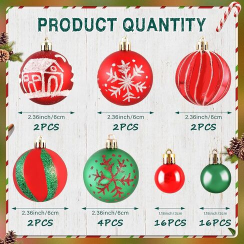 Christmas Ball Ornaments,44Pcs-Red and Green Christmas Balls Ornaments for Xmas Christmas Tree,Shatterproof Plastic Christmas Ornaments Balls kit for Christmas Tree Decorations,Holiday,Party in Saudi Arabia