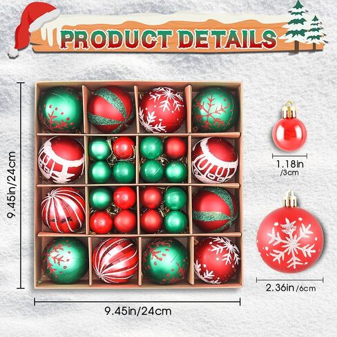 Christmas Ball Ornaments,44Pcs-Red and Green Christmas Balls Ornaments for Xmas Christmas Tree,Shatterproof Plastic Christmas Ornaments Balls kit for Christmas Tree Decorations,Holiday,Party in Saudi Arabia