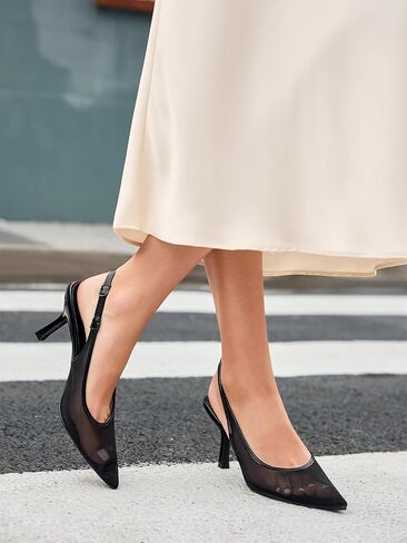 Coutgo Womens Mesh Slingback Kitten Heels Pointed Toe Low Heel Pumps Sexy Dress Shoes in Kuwait