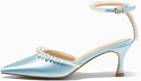 Coutgo Womens Pearl Kitten Heels Closed Pointed Toe Wedding Bride Dress Shoes Ankle Strap Satin Pumps in Saudi Arabia