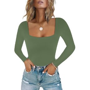 Chunpin Women's Sexy Square Neck Long Sleeve Bodysuit Tops Double Lined shirt Stretchy Basic Going out Thong Body suit