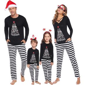 iClosam Matching Family Pajamas Set Striped Christmas Pajamas Sleepwear Dad Mom PJs Black