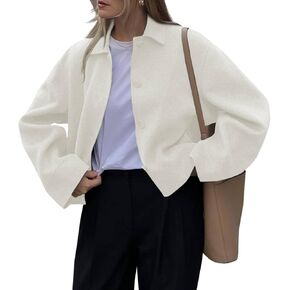 Tankaneo Womens Cropped Pea Coat Fall Winter Oversized Short Wool Blend Coat Casual Lapel Button Down Jacket