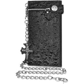 Long Chain Wallet Leather Skull Gothic Punk Bifold Halloween Goth Accessories,Unisex - Midnight Black