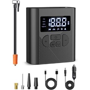 Tire Inflator Portable Air Compressor, Battery & 12V DC Cordless Air Pump for Car Tires, 150PSI Electric Bike Tire Pump for Car, Bicycle, Motor, Balls, with LCD Digital Pressure Gauge LED Light