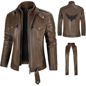 Men's faux leather Motorcycle jacket embroidered removable double layer standing collar bomber coat