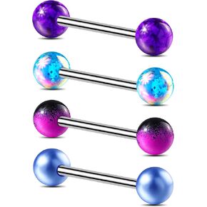 Jewseen 4Pcs Purple Tongue Rings Set Surgical Steel Tongue Piercing Jewelry 14G Tongue barbell Nipple Rings Nipple Piercing Jewelry Straight Barbell 16mm Body Piercing Jewelry for Women Men