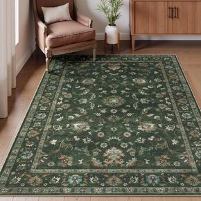 Wonnitar Green 5x7 Christmas Rug Washable Area Rug, Non Slip Vintage Floral Rug for Bedroom, Stain Resistant Low Pile Floor Carpets for Living Room Dining Room Home Office,(Green,5x7)