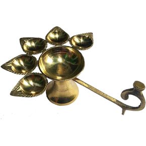 Pure Brass Panchmukhi/Panch Mukh Jot Diya, Panch/Five Face Deepak Diya for Aarti/Puja Diya with Long Brass Handle for Daily Pooja (Pack Of 1)