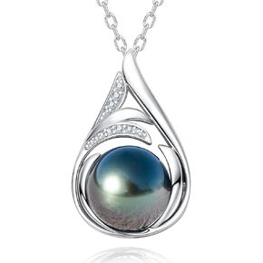 11-12MM Tahitian Black Pearl with Moissanite Pendant Necklace, AAAA Handselected Black Pearls, D Color Moissanite, 18K White Gold Plated Sterling Silver, 45+2+3mm Adjustable Chain