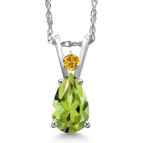 Gem Stone King 14K White Gold Green Peridot and Yellow Created Sapphire Pendant Necklace for Women | 0.73 Cttw | Gemstone August Birthstone | Pear Shape 7X5MM and Round 2MM | With 18 Inch Chain