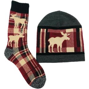 Legale Men's Plaid Moose Hat and Lodge Sock Gift Set, Super Warm, One Size Fits Most Multicolor
