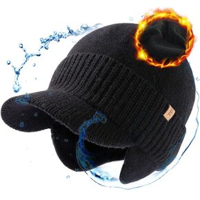 TOP-EX L/XL/XXL Unisex 80% Merino Wool Waterproof Brim Beanie Hats with Ear Flaps Fleece Lined for All Weather