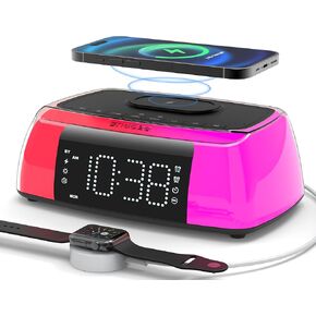 Alarm Clock with Wireless Charging, Digital Loud Alarm Clock with Sound Machine, Night Light, Bluetooth Speaker, Dimmable Bedside Clock Charger Station for iPhones Heavy Sleepers Adults Teens Bedrooms