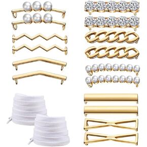 16 Pieces/8 Pairs Shoes Gold Decorations Clips Charms for Sneakers Detachable Pearl Rhinestones Shoe Accessories with 2 pair Shoelace for Casual Shoes DIY Shoe Clips for Party Sport Outdoor Office