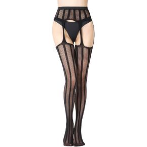 Women's Thigh High Stockings with Garter Belt Black Striped Fishnet Tights Suspender Pantyhose Stockings for Women Girls