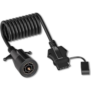 Goupchn 7 Way Round to 5 Way Flat Coiled Trailer Plug Adapter 7.87ft/2.4m 7 Pin to 5 Pin Trailer Coiled Wiring Harness Adapter Extension Cord Cable