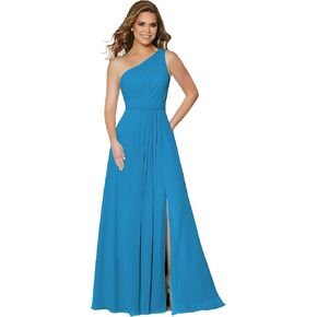 One Shoulder Bridesmaid Dresses for Wedding Long Chiffon Slit Formal Dress with Pockets