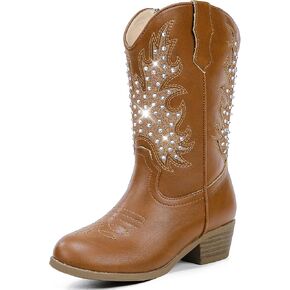 Sparkly Rhinestone Cowgirl Boots Toddler to Big Kids Mid Calf Zipper Low Heel Pointed Toes Party Birthday Dress Up