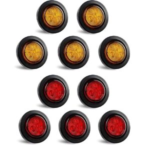 10Pcs 2 Inch Round Led Trailer Side Marker Lights, 5 Amber + 5 Red Clearance Lights for Truck Trailer RV, Sealed Flush Mount w/Grommets and 2-prong Wire Pigtail, 12V, IP67 Waterproof
