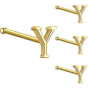 4 Pcs Initial Letter Nose Rings Studs for Women 18K Gold Plated 925 Sterling Silver Tiny Nose Bone Stud Hypoallergenic Straight Nose Piercings Jewelry Gift Cartilage Earrings
