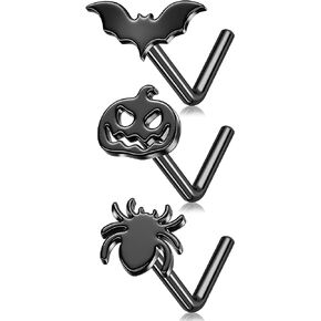 MeIighting 20G 3PCS Halloween Nose Studs Bat Nose Rings Black Nose Piercing L-Shaped Spider Nose Piercing 7mm 316L Stainless Steel Pumpkin Nose Piercing Jewelry for Women