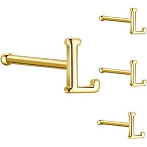 4 Pcs Initial Letter Nose Rings Studs for Women 18K Gold Plated 925 Sterling Silver Tiny Nose Bone Stud Hypoallergenic Straight Nose Piercings Jewelry Gift Cartilage Earrings in Kuwait