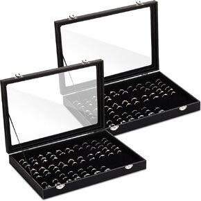 Yinkin 2 Pcs 100 Slots Ring Organizer Box with Transparent Glass Lid Necklace Display Tray Ring Case Velvet Jewelry Holder (Black)
