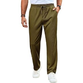 Runcati Mens Casual Pants Drawstring Elastic Waist Ribbed Sweatpants Straight Leg Loose Fit Trousers